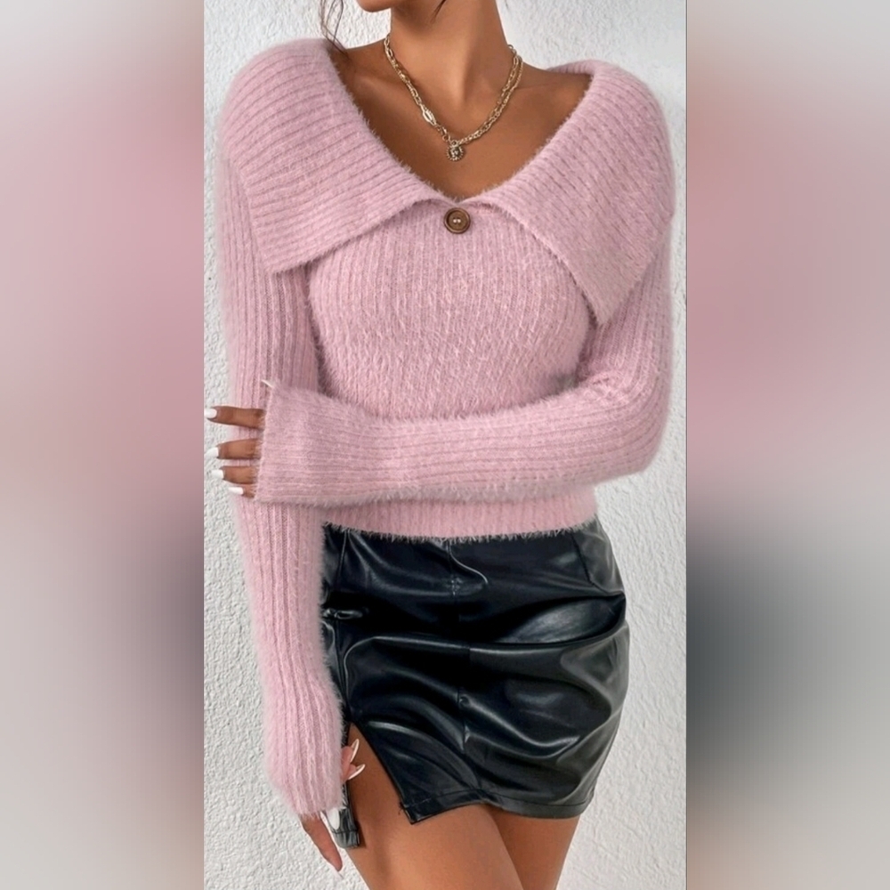 Privé Fluffy Knit Single Button Large Collar Pink Long Sleeve Sweater. Small - Picture 2 of 6